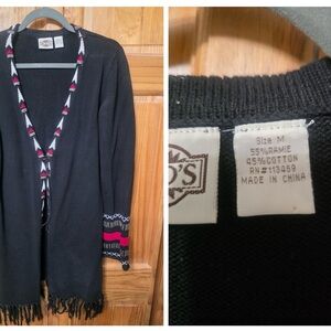 Cozy Black Cardigan with Red and White Accents